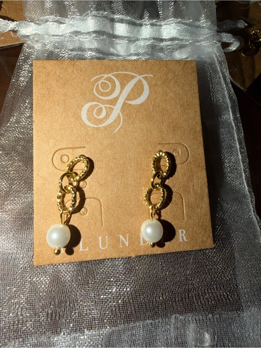 Plunder Gold Link Earrings with White Pearl Drops